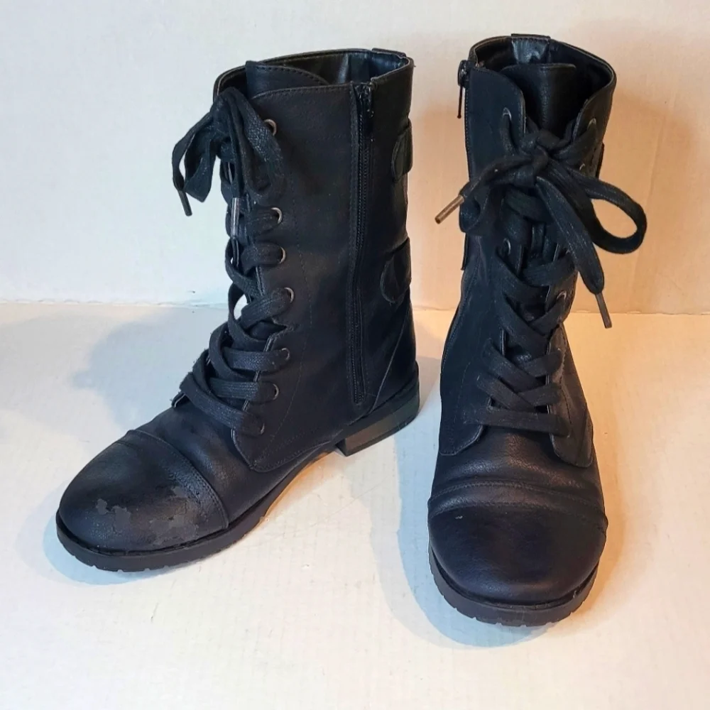 DEPT222 Black Lace-Up Mid-Calf Combat Boots Side-Zip Women's Size 8.5
